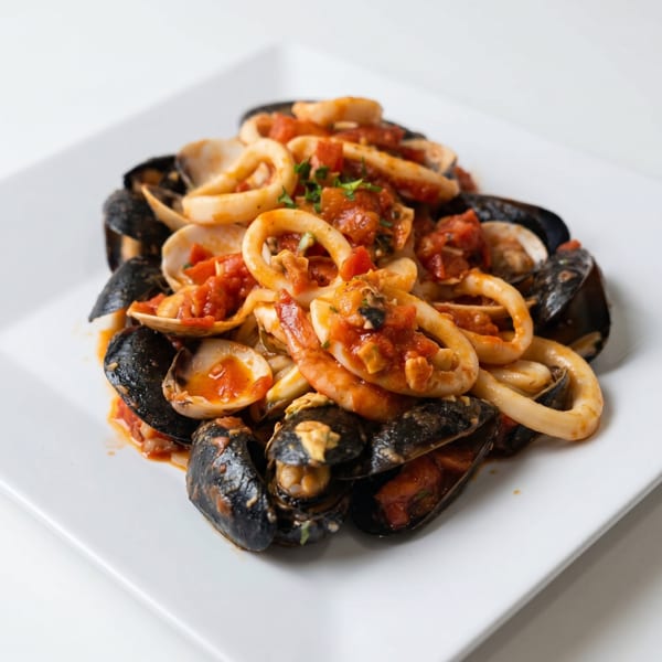 A white plate holds a seafood dish with mussels, clams, and calamari in a red tomato sauce.