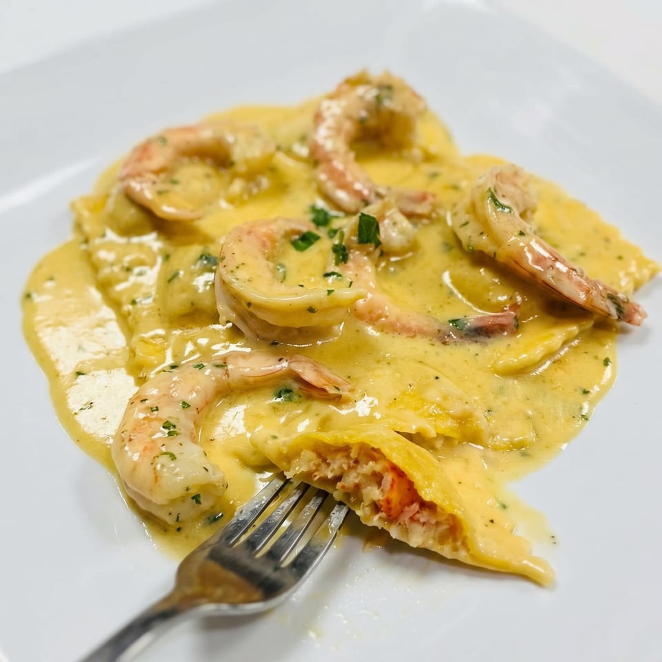 Shrimp ravioli in a creamy sauce with a fork cutting into one, revealing a lobster filling.
