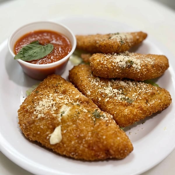 Golden-brown fried mozzarella sticks, sprinkled with herbs and parmesan, served with a side of marinara sauce.