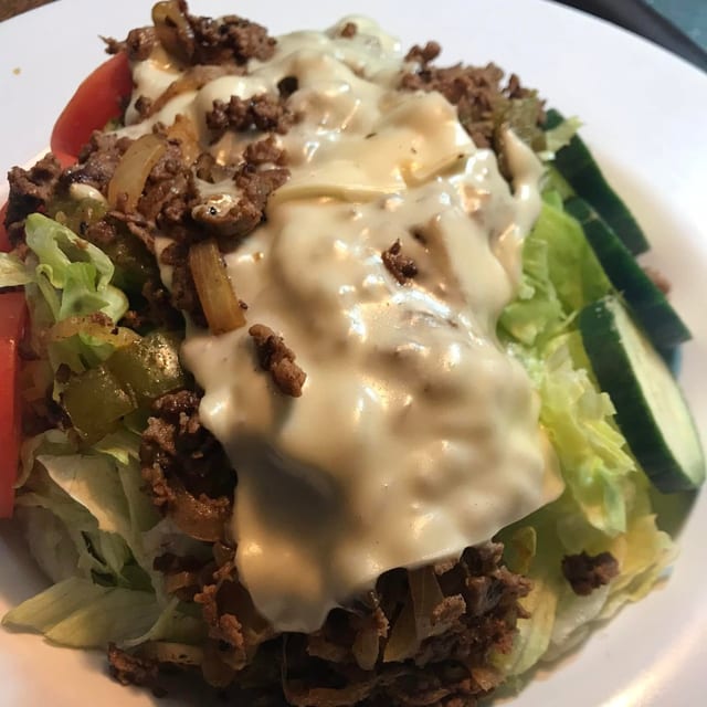 CHEESE STEAK SALAD & DRINK.