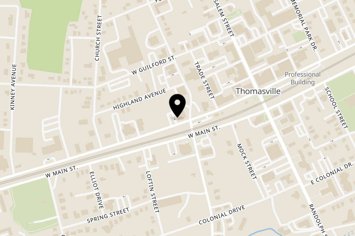 Map showing the location of Elizabeth's Pizza #1 on 106 W Main St in Thomasville